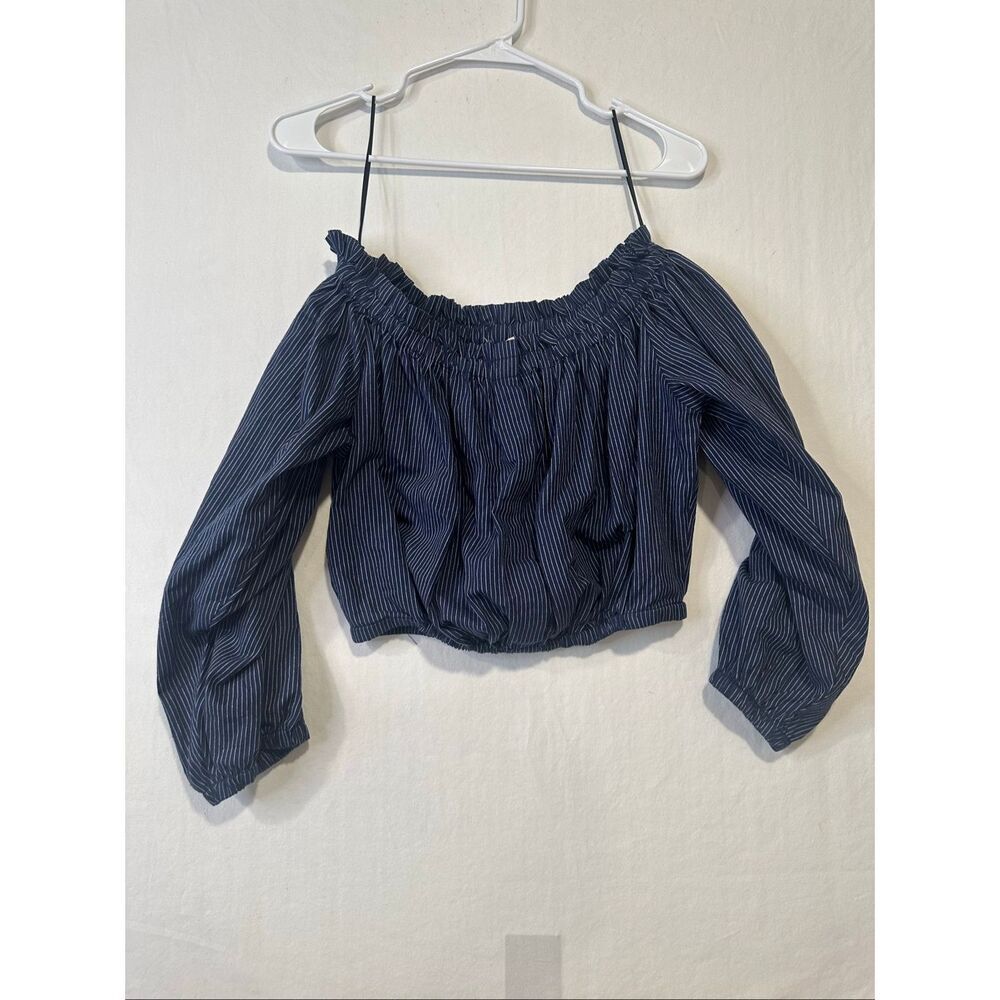 By Together Off Shoulder Crop Top Small Blue White Pinstripe Balloon Sleeve Boho
